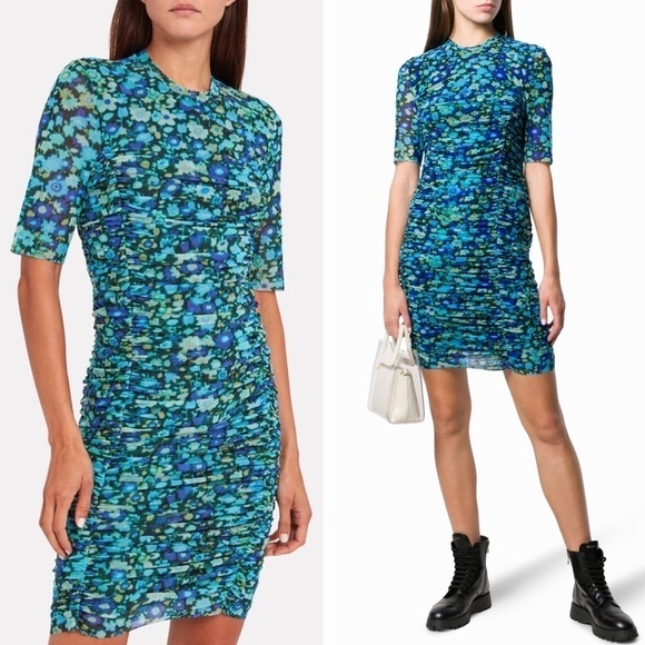 GANNI Floral Ruched Stretch Tulle Short Sleeve Crew Neck Bodycon Sheath Dress XS - Picture 14 of 16